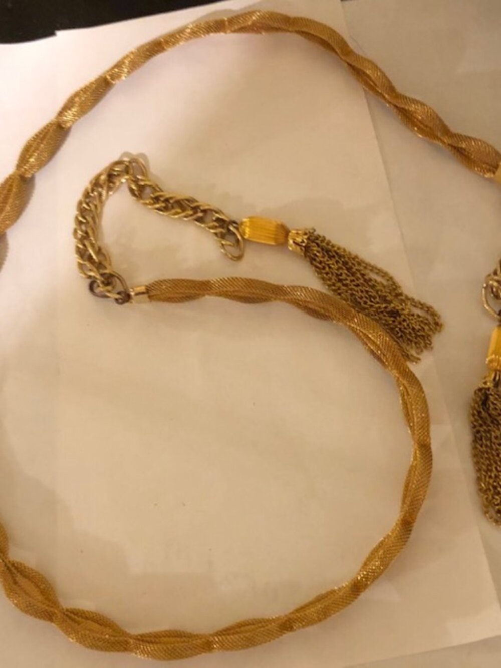 Vintage Gold Tone Braided Rope Necklace with Metallic Tassel Ends
